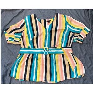 Lane Bryant Womens 26 Striped Tie Waist  Belted Hampton Pink Colorful Blouse